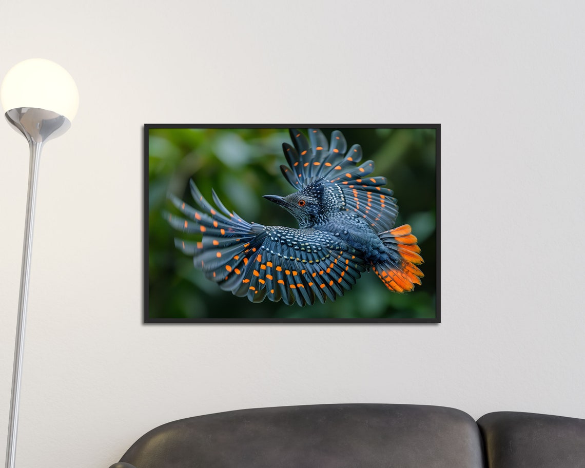 Exotic Spotted Blue Bird In Flight Orange Wings Nature Wall Art Print
