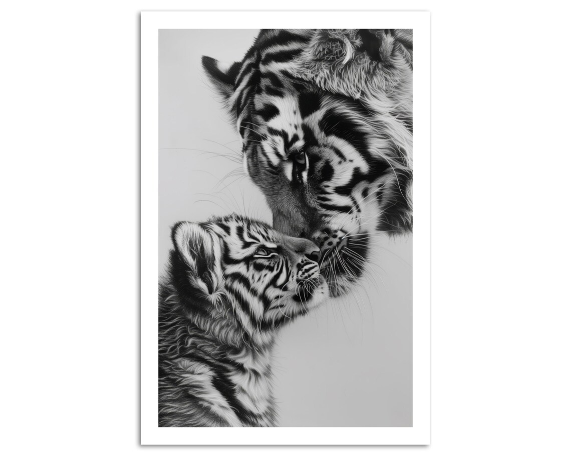 Tender Tiger Mother And Cub Embrace Black And White Wildlife Art Poster - Image 5