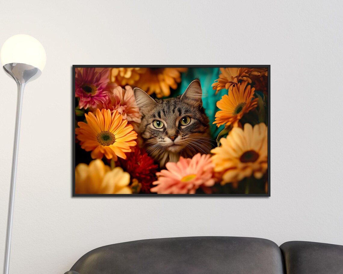 Tabby Cat Among Colorful Gerbera Daisies Floral Feline Art Poster - Image 2
