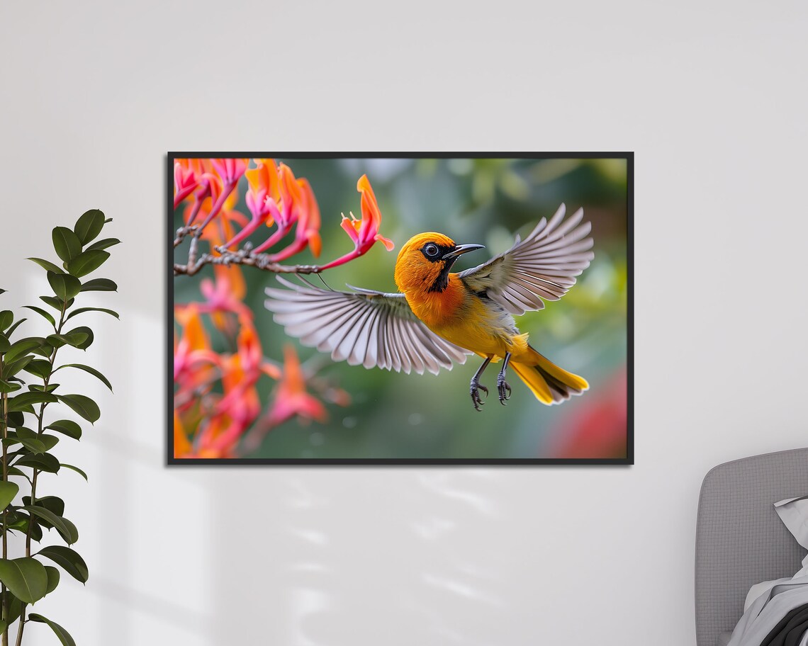 Oriole Hovering Near Red Trumpet Flowers Tropical Bird Art Poster - Image 4