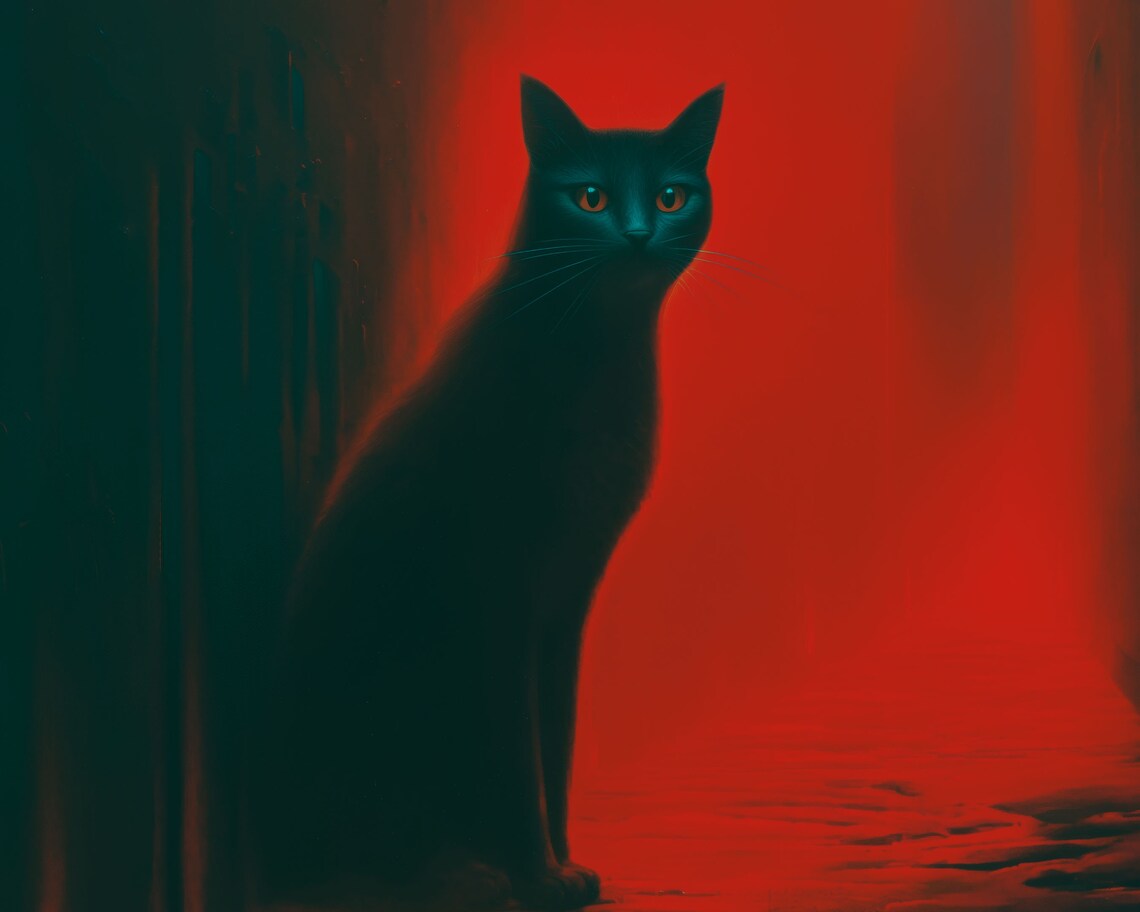 Black Cat In Red Lit Alley Surreal Mystery Cat Lover Art Poster - Image 3
