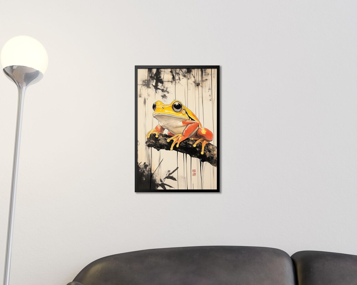 Japanese Sumi E Style Yellow Frog on Branch Ink Wash Wall Art - Image 2