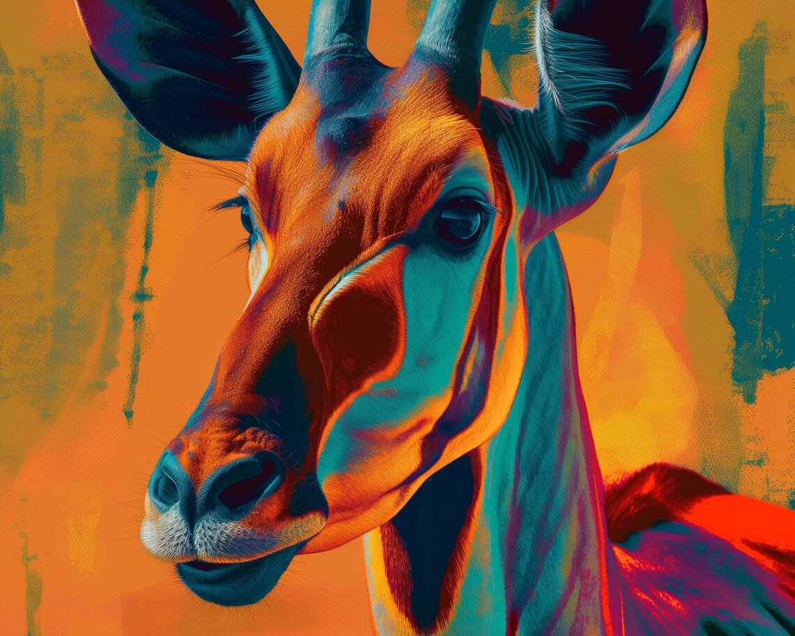 Vibrant Okapi Portrait Orange Teal Pop Art Style Wildlife Wall Poster - Image 3