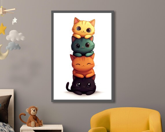 Adorable Stacked Cats Tower Four Cute Kittens Nursery Wall Art