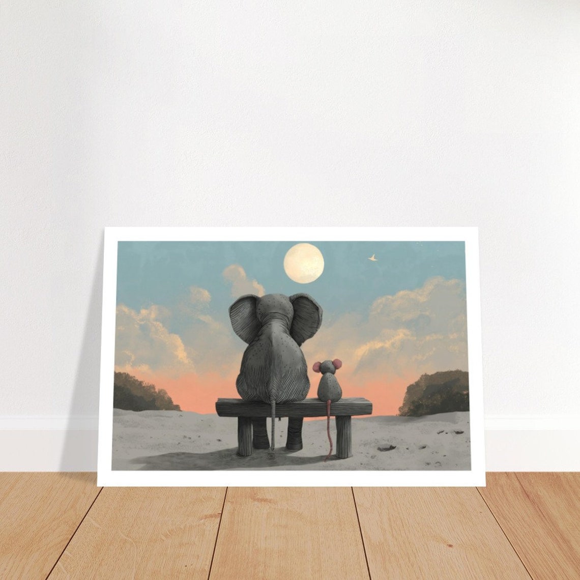 Elephant And Mouse Friendship Moonlight Beach Bench Wall Art - Image 2