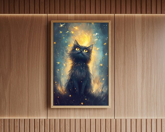 Black Kitten Gazing Up at Golden Light Magic Sparkles Wall Art