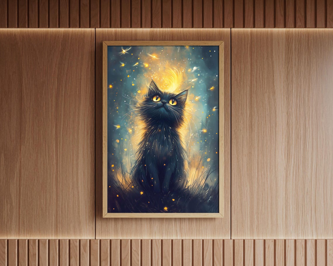 Black Kitten Gazing Up at Golden Light Magic Sparkles Wall Art