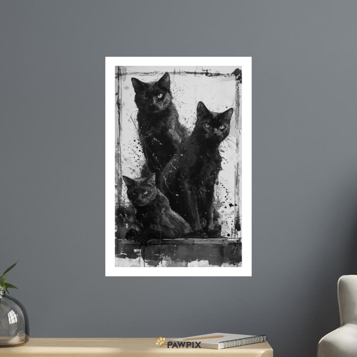Chat Noir 9 Three Black Cats Expressive Textured Gothic Grunge Art Poster