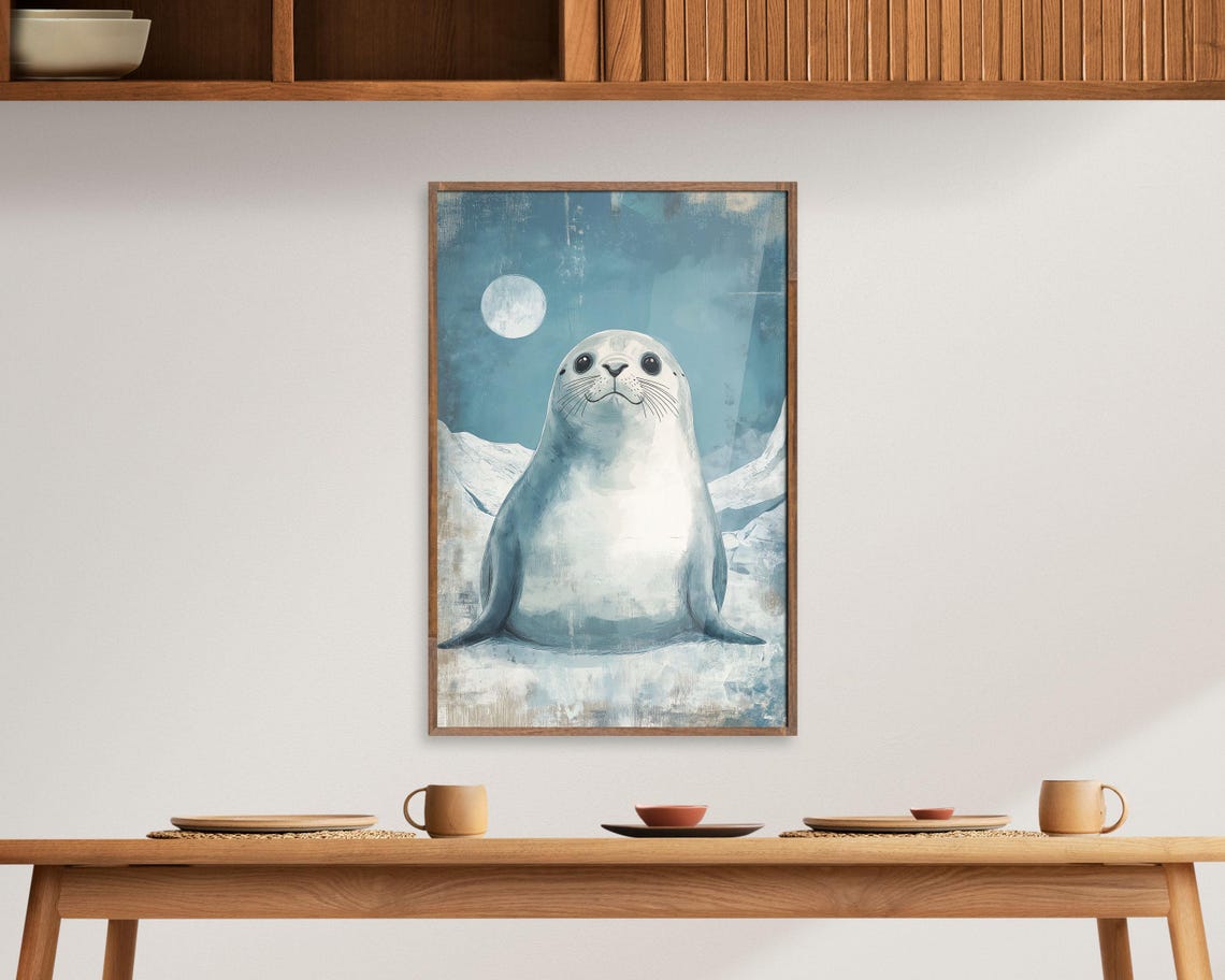 Cute Baby Seal Pup on Ice Under Moon Blue Watercolor Nursery Poster - Image 2