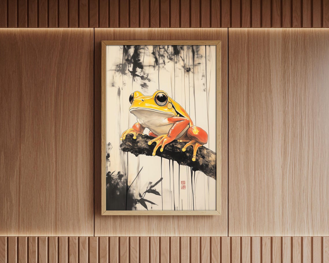 Japanese Sumi E Style Yellow Frog on Branch Ink Wash Wall Art - Image 7