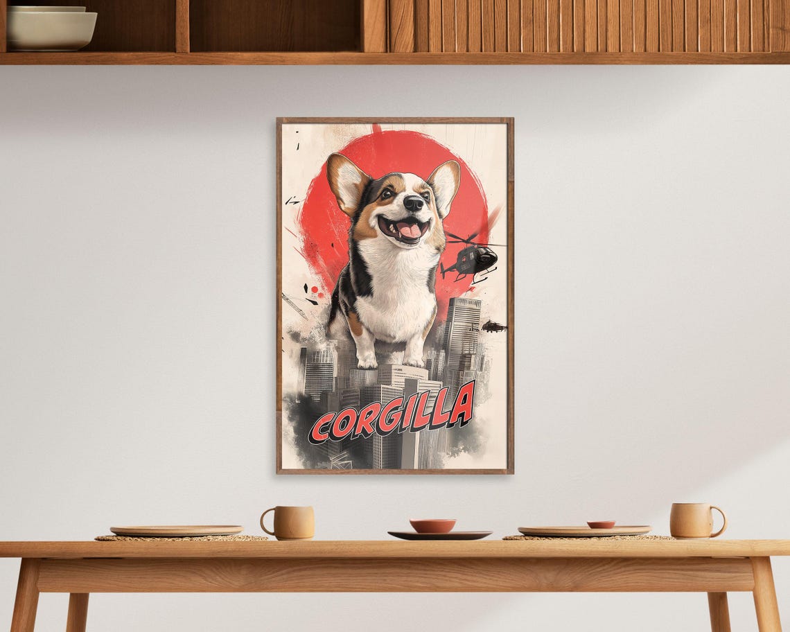Corgilla Giant Corgi Monster Movie Parody Funny Wall Art Poster - Image 4