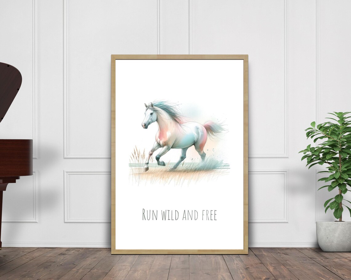 Run Wild And Free White Horse Gallop Pastel Watercolor Nursery Poster - Image 3