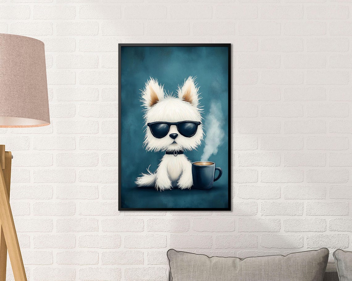 Cool White Puppy With Sunglasses Steaming Coffee Cup Art Poster - Image 3