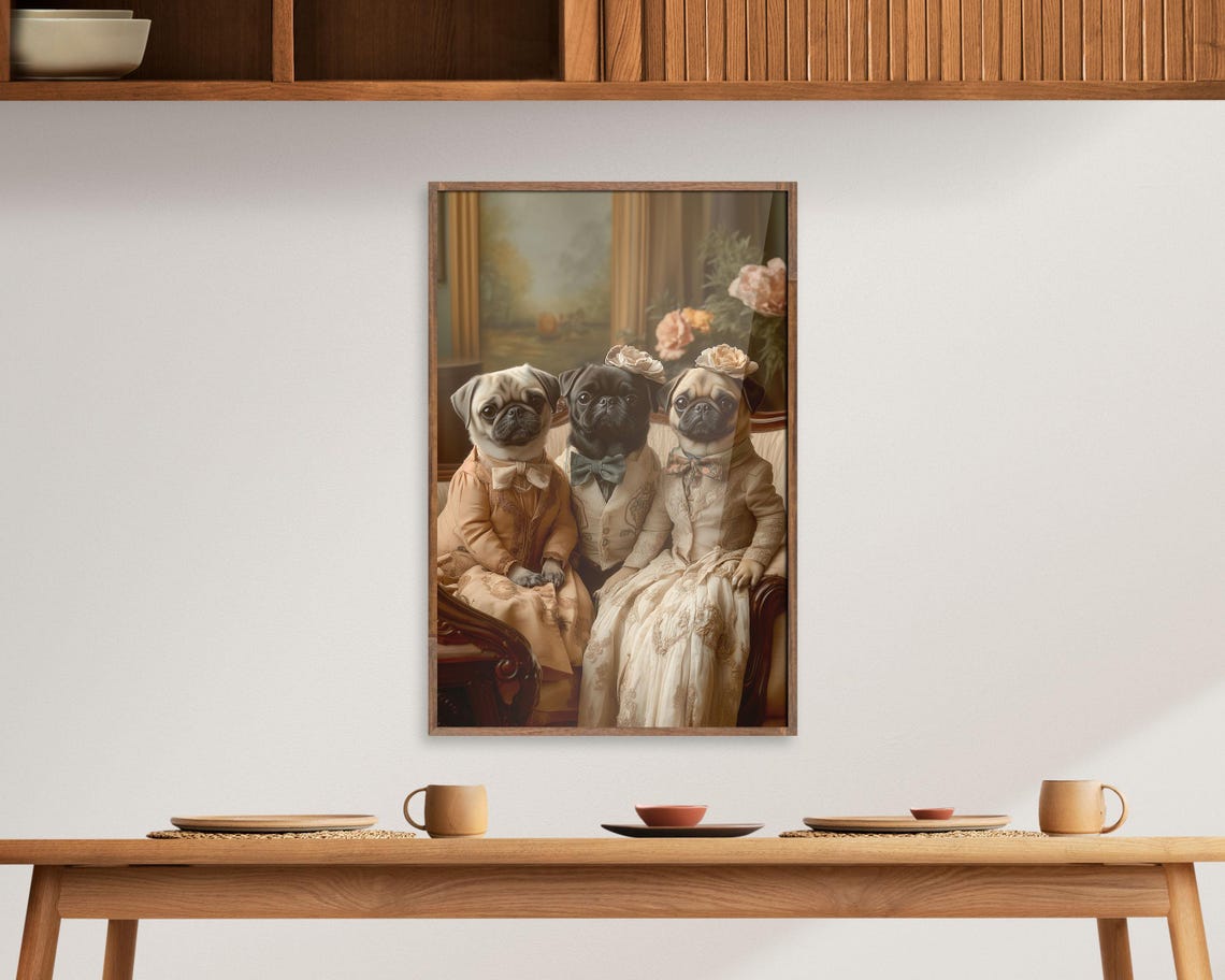 Victorian Pug Family Portrait Three Pugs In Vintage Attire Poster