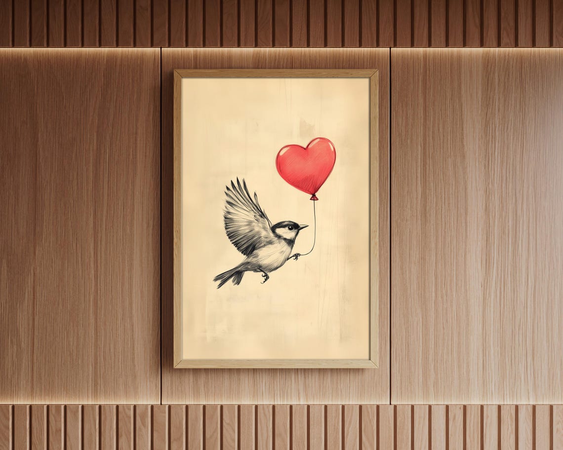 Flying Sketch Bird Carrying Red Heart Balloon Romantic Wall Art - Image 7