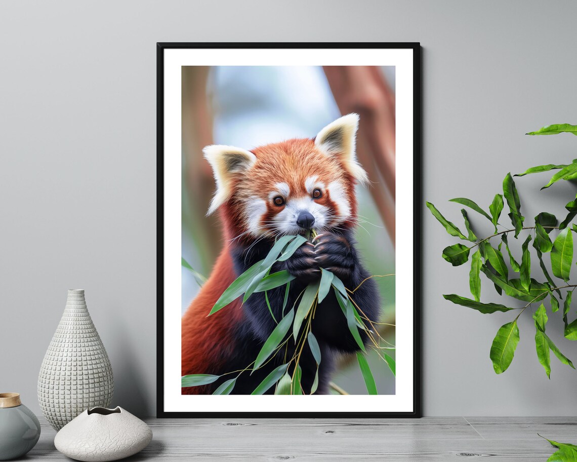 Cute Red Panda Eating Bamboo Close Up Wildlife Photography Wall Poster - Image 5