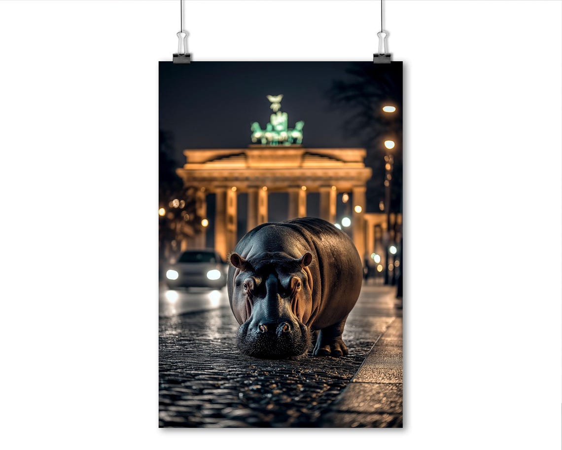 Hippo on Cobblestone Street Berlin Night Brandenburg Gate Wall Art - Image 7