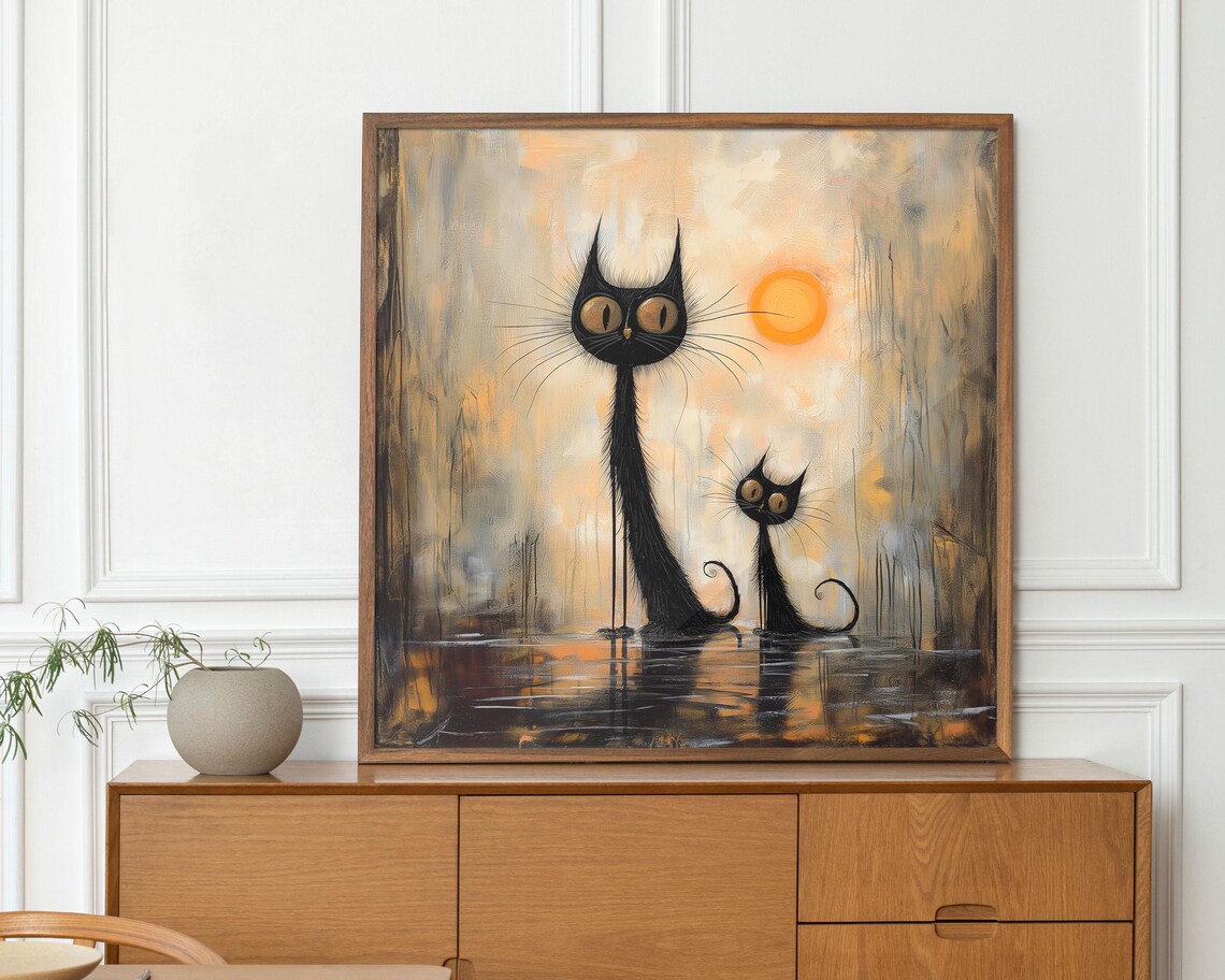 Black Cats At Sunset Pair Standing In Water Painterly Art Poster - Image 5