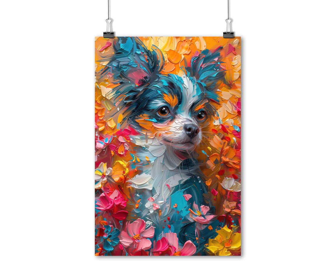 Colorful Impasto Dog Among Bright Flowers Vibrant Floral Wall Art - Image 8