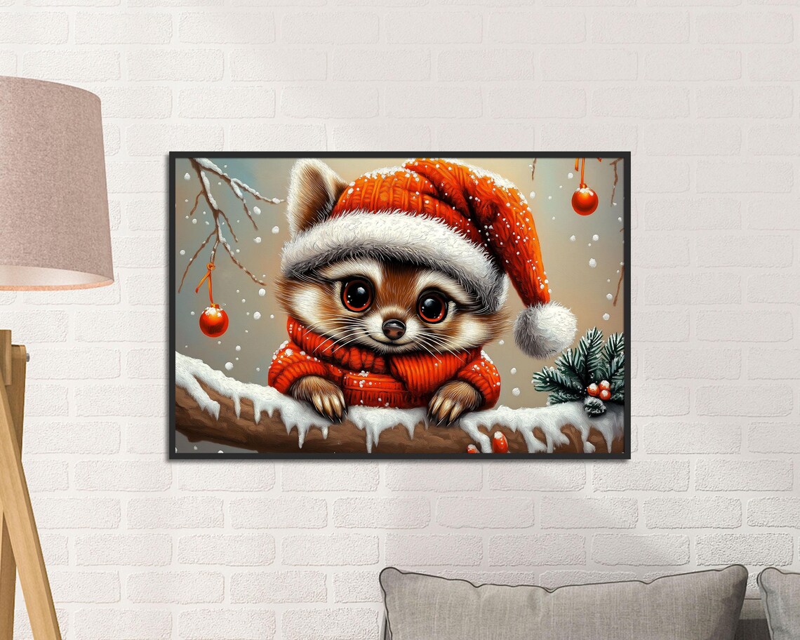 Cute Raccoon in Santa Hat Red Sweater Snowy Christmas Wall Art - Image 2