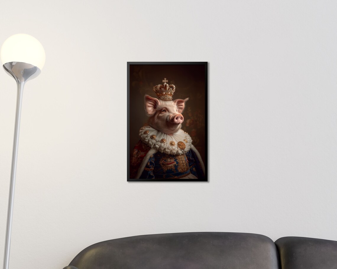 Royal Pig In Gold Crown Ruff Regal Portrait Wall Art Print Poster - Image 2