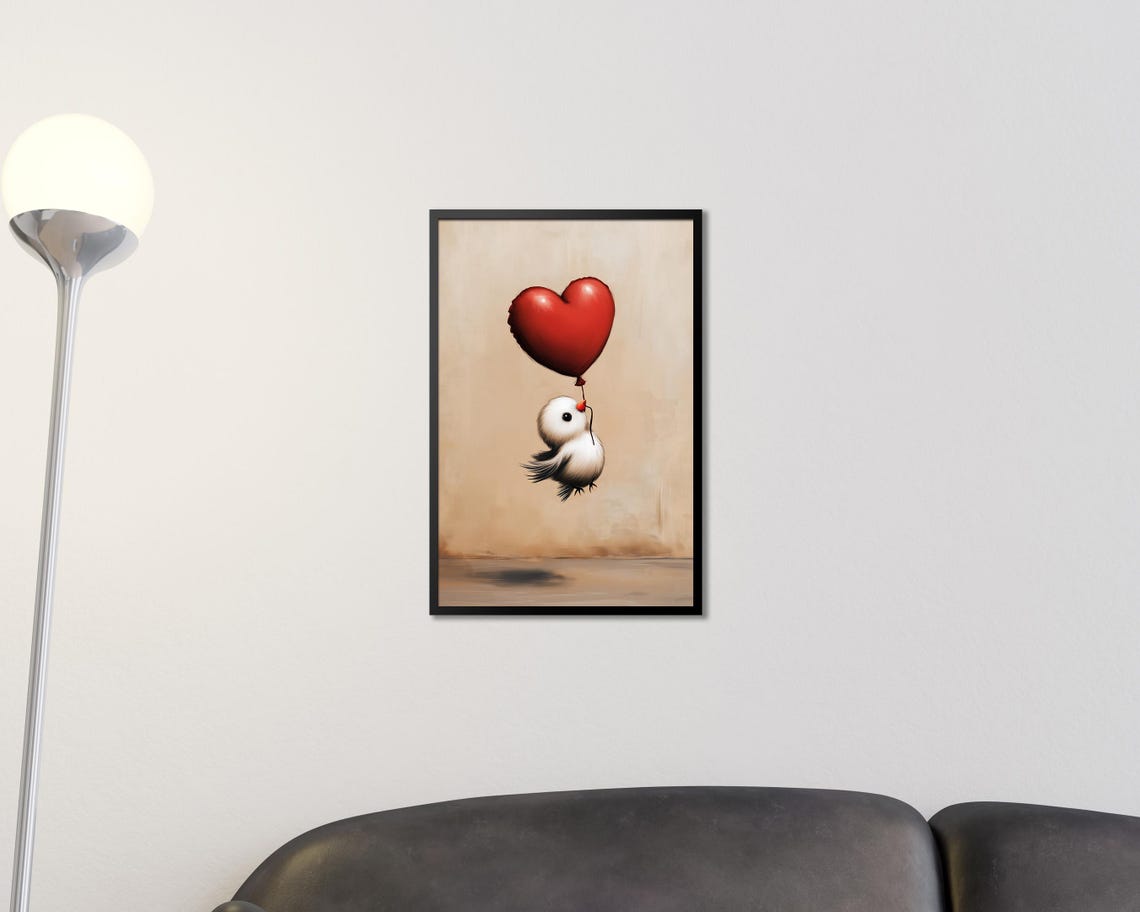 Tiny White Bird Floating with Red Heart Balloon Nursery Wall Art - Image 2