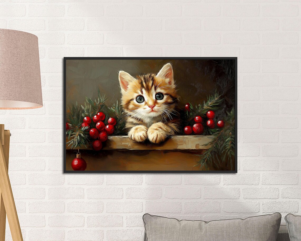Orange Tabby Kitten With Red Christmas Berries Oil Painting Art Poster - Image 2