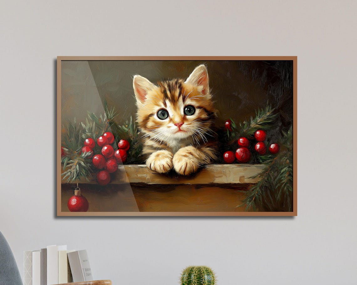 Orange Tabby Kitten With Red Christmas Berries Oil Painting Art Poster - Image 5