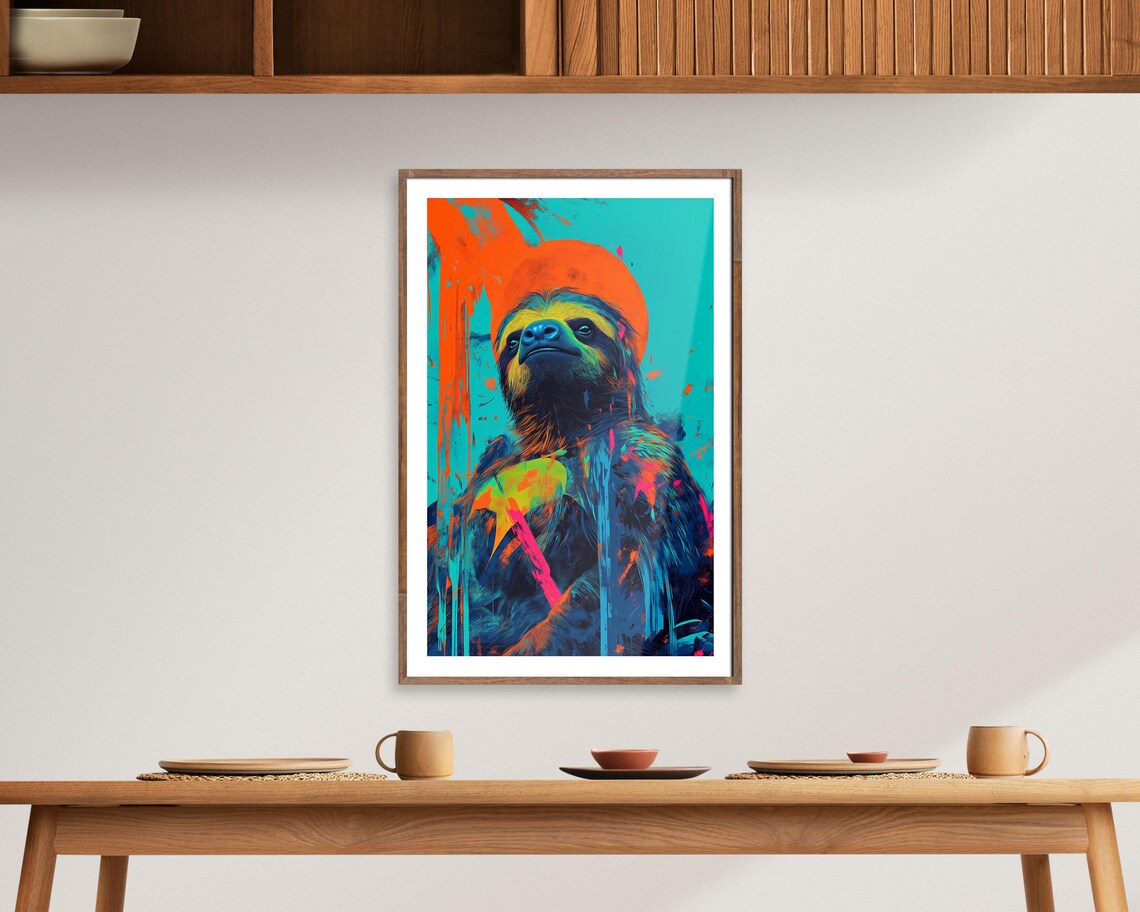 Colorful Neon Pop Art Sloth Graffiti Style Abstract Animal Poster - Image 3