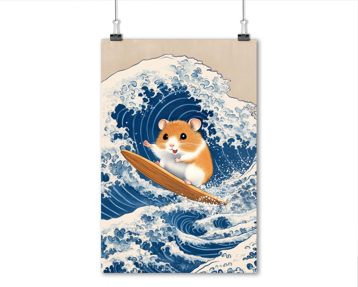 Surfing Hamster Riding Great Wave Japanese Wave Art Funny Poster - Image 5