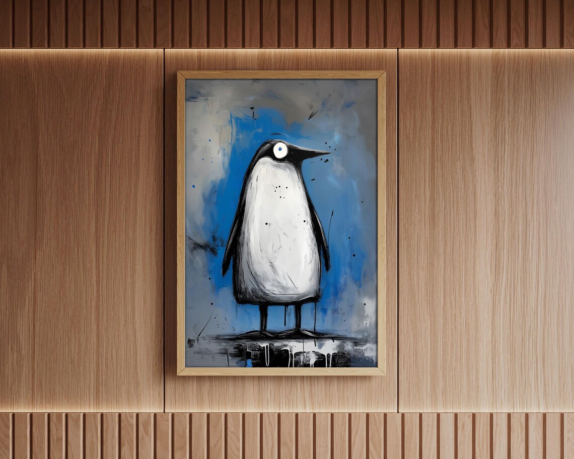 Funny Tall Penguin Painterly Blue Gray Abstract Bird Art Poster - Image 5