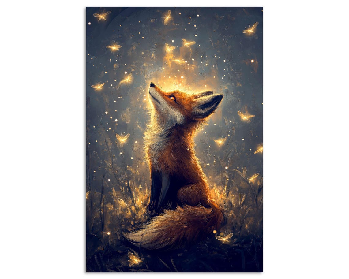 Red Fox Watching Glowing Fireflies Magical Night Forest Wall Art - Image 8