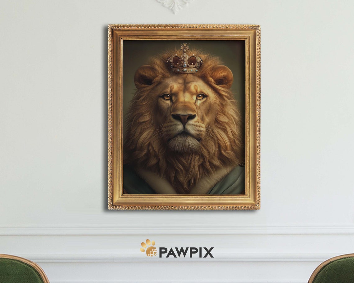 Royal Lion Portrait With Crown Regal Golden Mane Oil Painting Poster