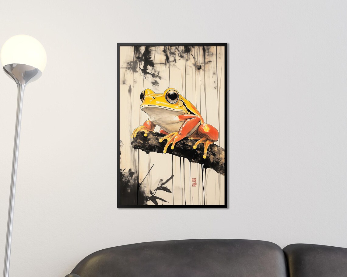 Japanese Sumi E Style Yellow Frog on Branch Ink Wash Wall Art - Image 3
