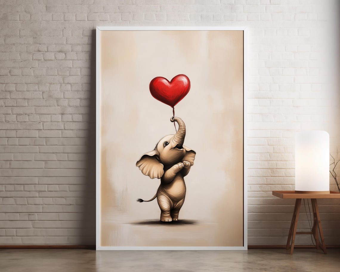 Cute Baby Elephant Holding Red Heart Balloon Nursery Wall Art