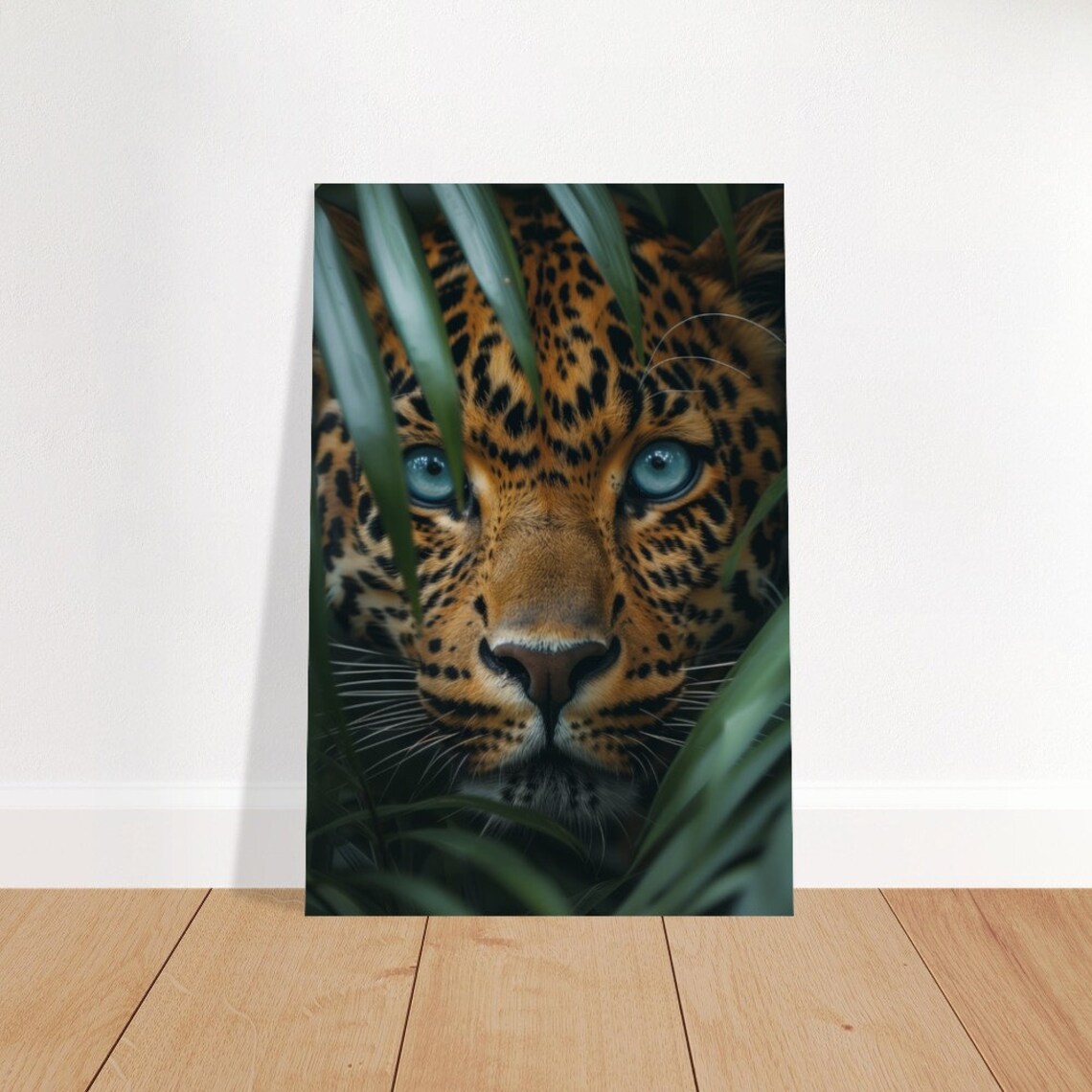 Leopard Face Close-Up Blue Eyes Jungle Leaves Wildlife Poster - Image 4