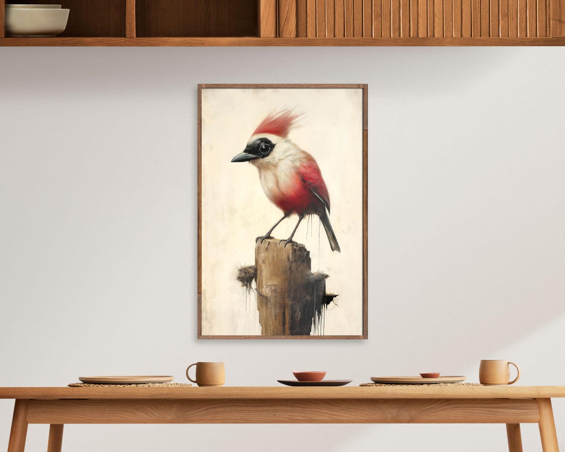 Red And White Crested Bird On Post Minimal Nature Art Poster - Image 4