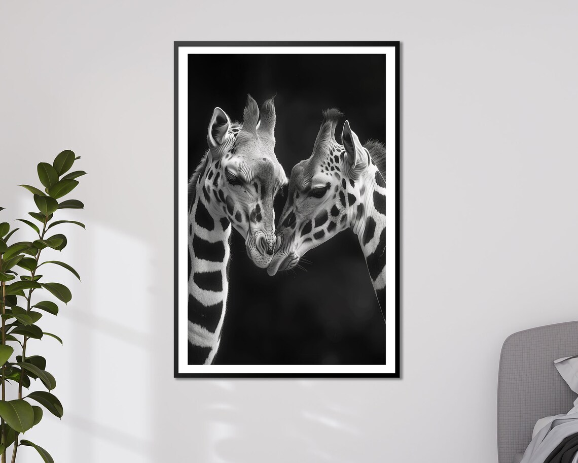 Tender Giraffe Pair Embrace Black And White Dramatic Wildlife Art Poster - Image 3