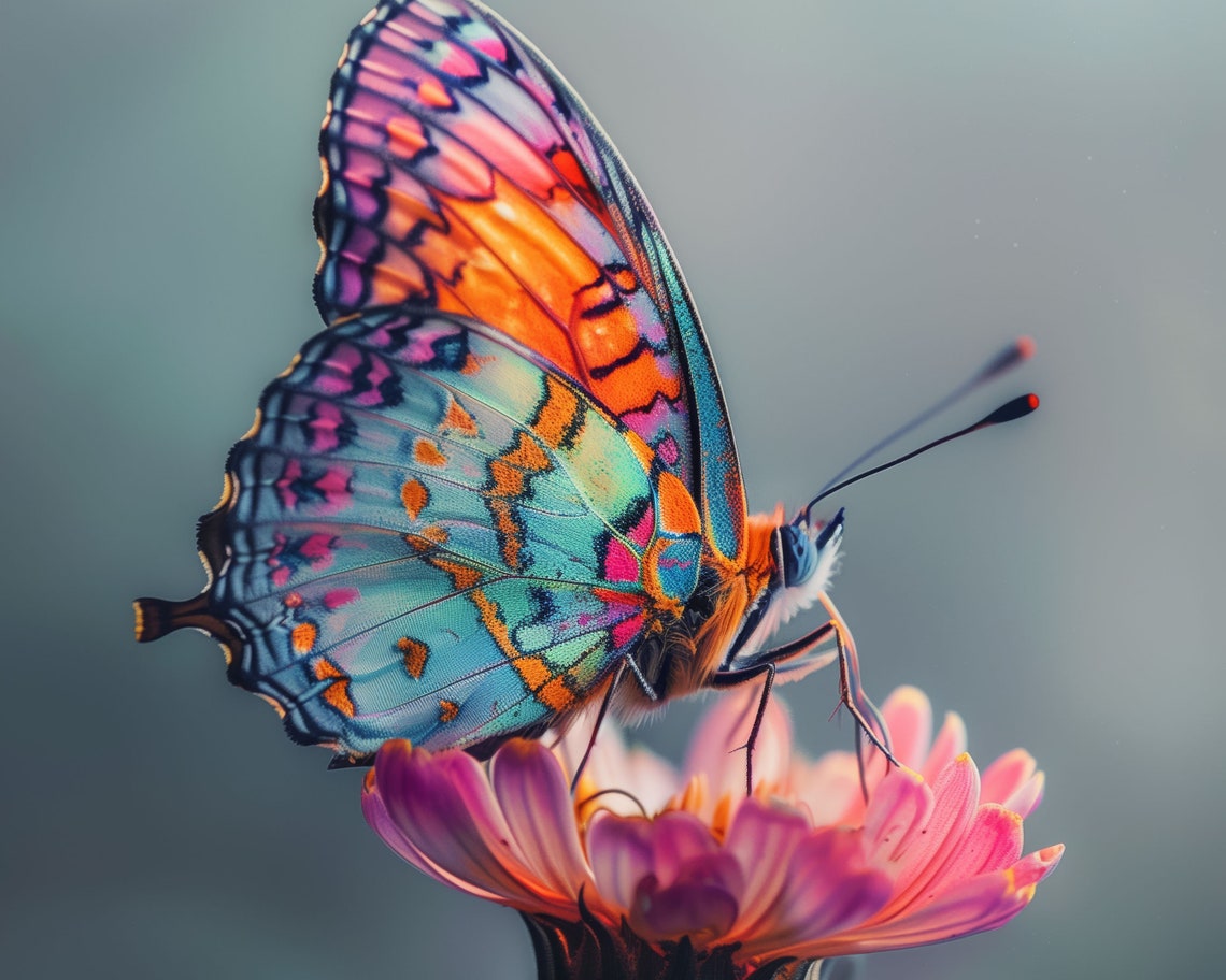 Multicolor Butterfly Resting On Pink Flower Macro Photo Wall Art - Image 2