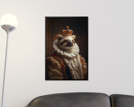 Royal Sloth In Gold Crown Ruff Collar Regal Portrait Wall Art Poster