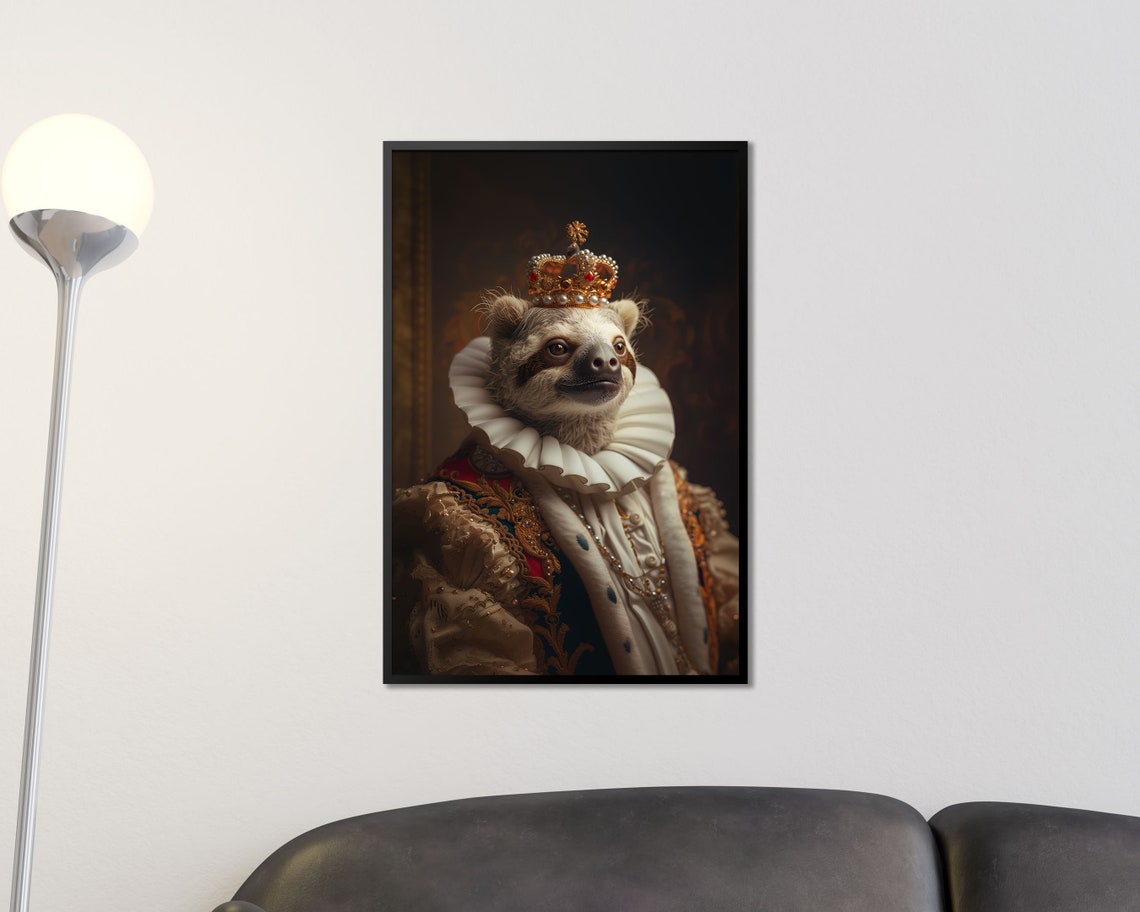 Royal Sloth In Gold Crown Ruff Collar Regal Portrait Wall Art Poster