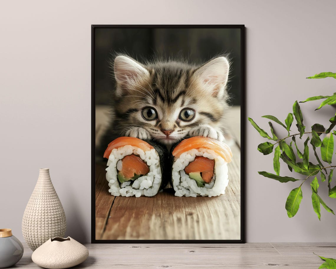 Tabby Kitten Behind Sushi Rolls Cute Foodie Kitchen Art Poster - Image 4