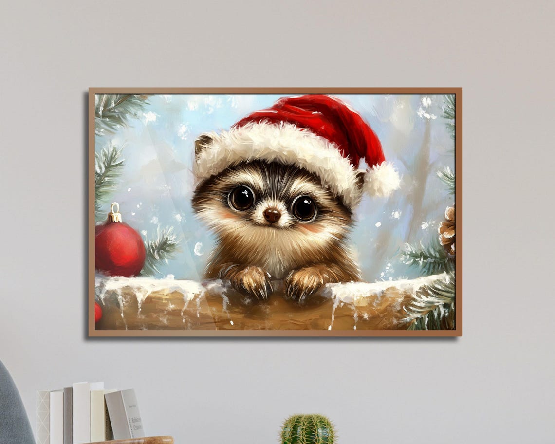 Peeking Raccoon Santa Hat Snowy Pine Branch Christmas Wall Art - Image 3