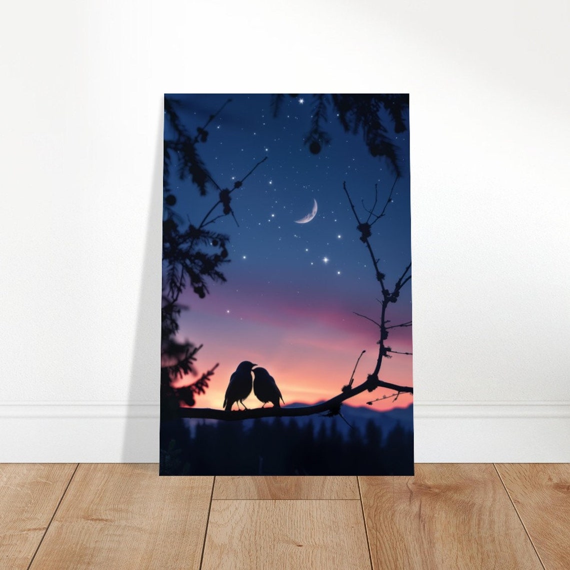 Bird Silhouette Pair Starry Night Crescent Moon Romantic Wall Art - Image 4
