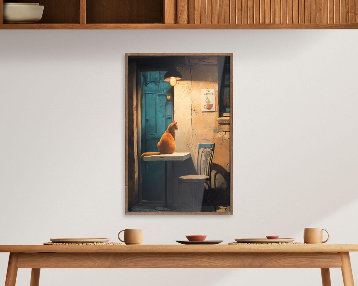 Orange Cat At Night Cafe Alley Rustic Warm Lamp Wall Art Poster - Image 5