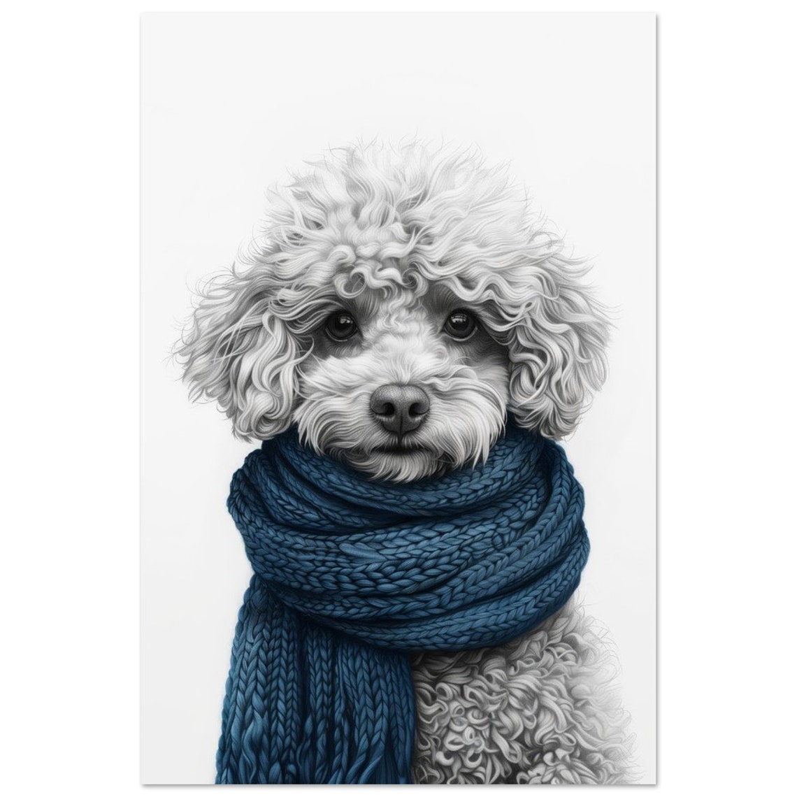 White Poodle Puppy Wearing Navy Blue Knit Scarf Portrait Poster - Image 3