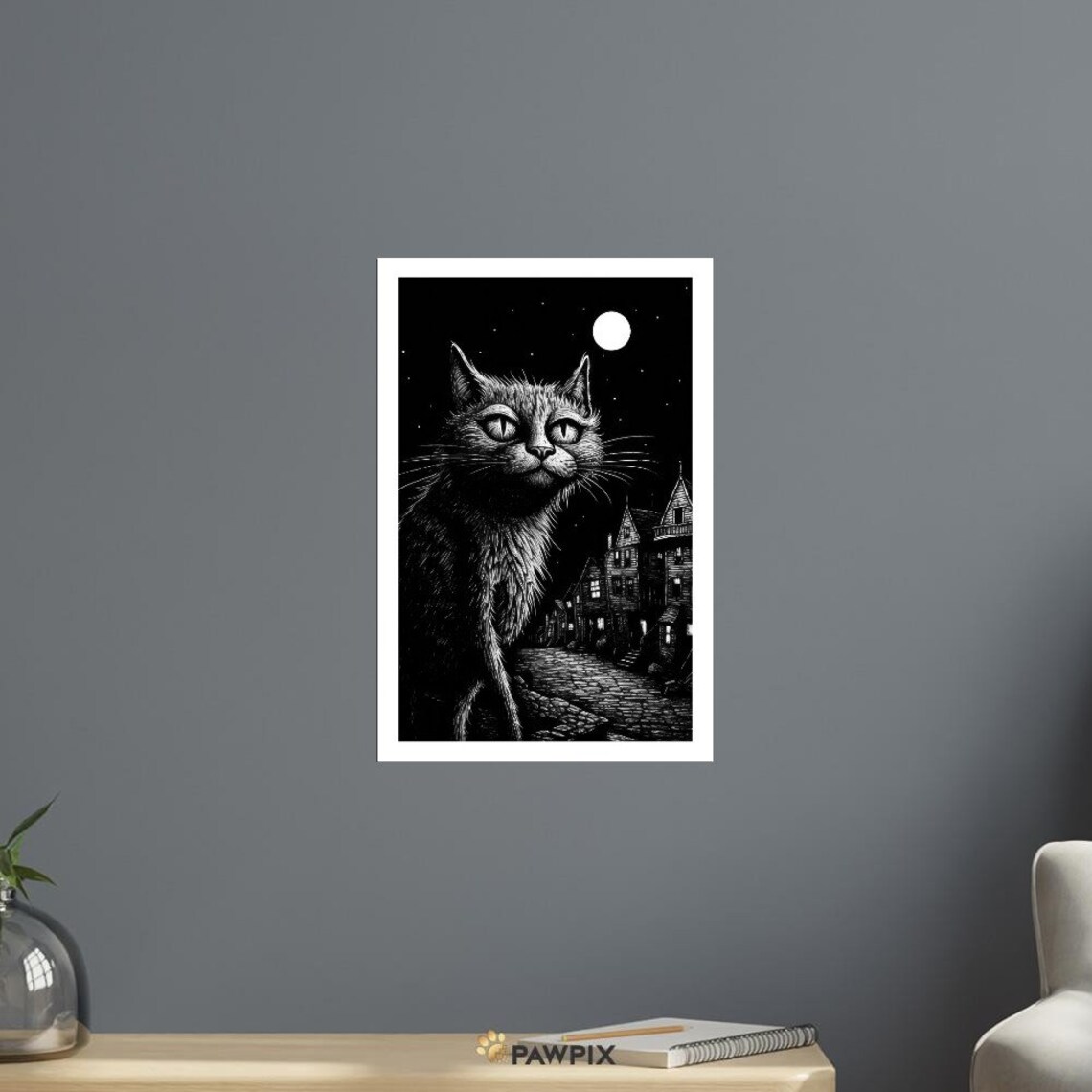 Chat Noir 8 Black Cat Full Moon Old Town Night Scene Gothic Art Poster - Image 3