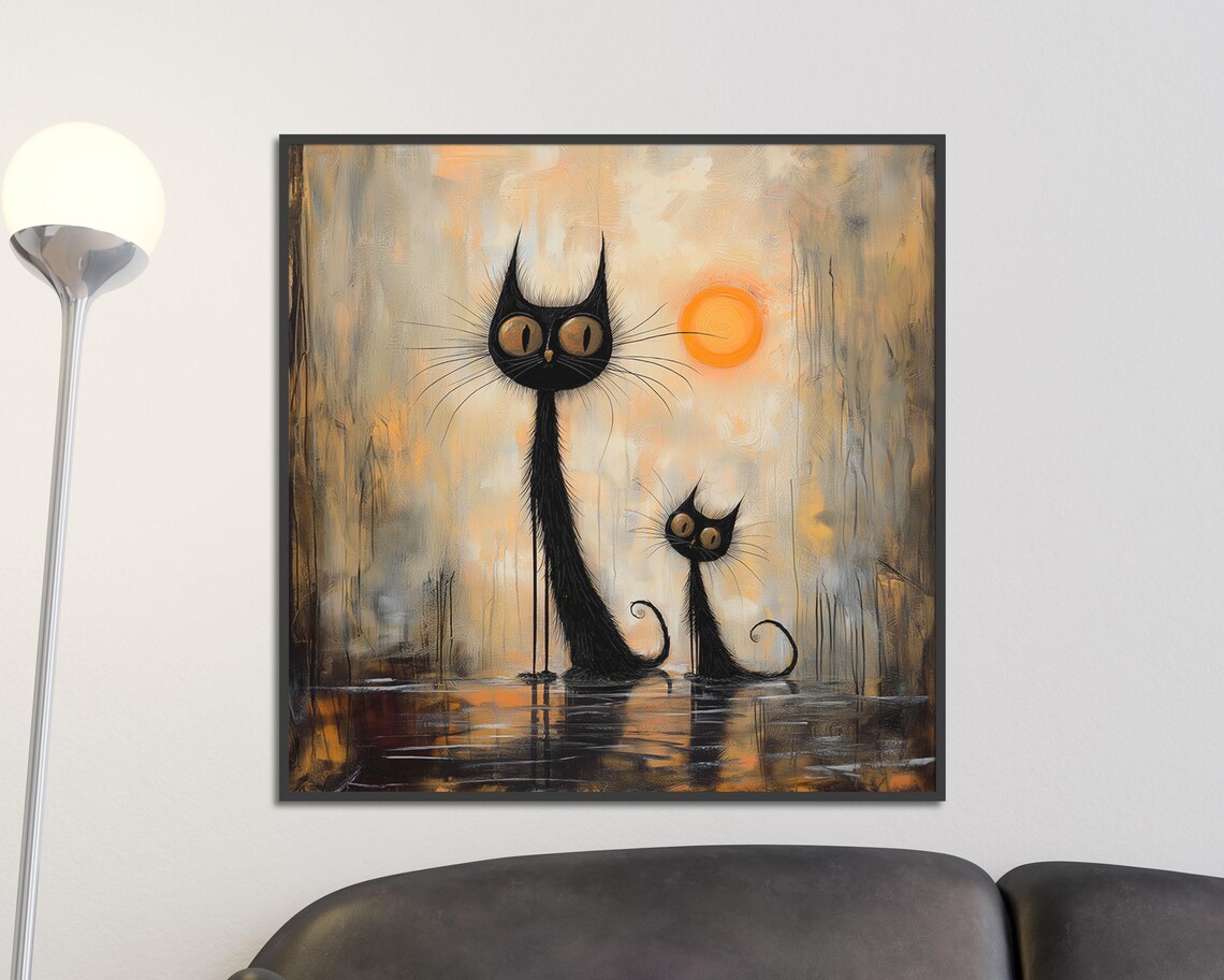 Black Cats At Sunset Pair Standing In Water Painterly Art Poster - Image 2