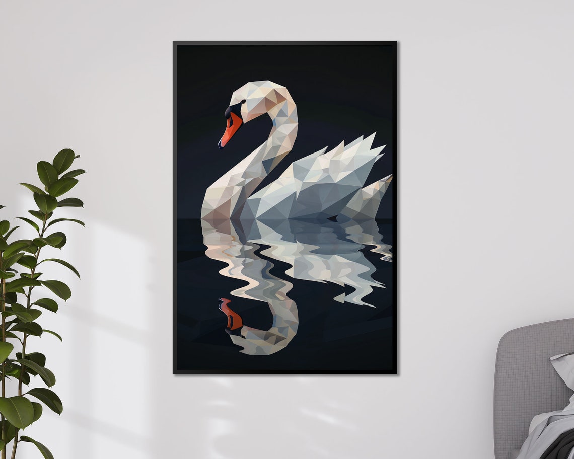 Geometric Low Poly White Swan On Dark Water Modern Bird Wall Art Print - Image 4