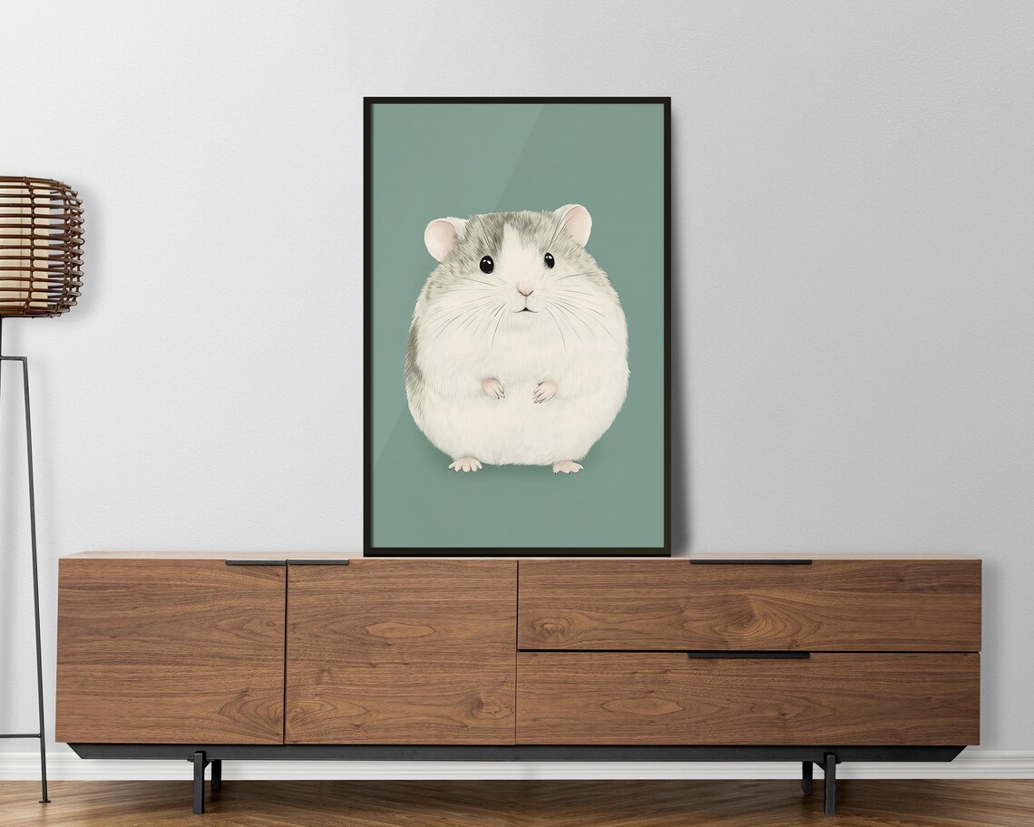 Cute Chubby Grey Hamster Portrait Minimalist Sage Green Wall Art - Image 5